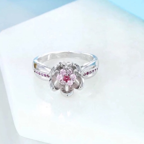 Romantic Pink CZ Sterling Silver Lotus Flower Ring - Picture 4 of 5